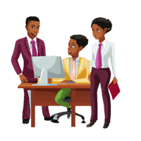 three business people sitting at a desk looking at a computer